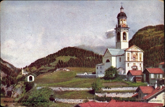 Postcard Tiefencastel Kt. Graubünden Switzerland, church