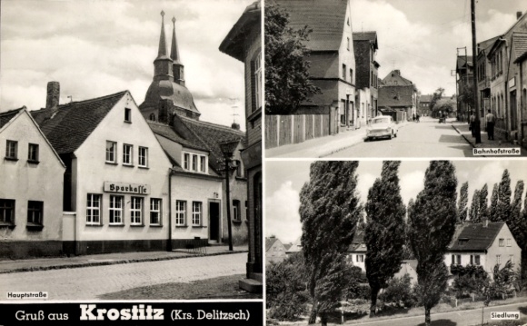 Ak Krostitz in Saksen, hoofdstraat, Bahnhofstraße, nederzetting, spaarbank