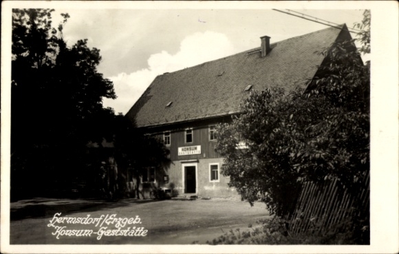 Postcard Hermsdorf in the Ore Mountains, Konsum Restaurant