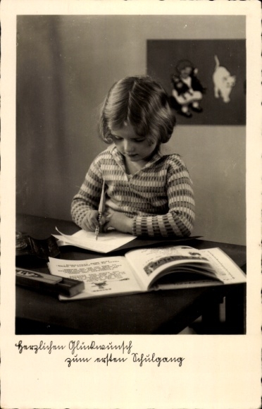 Postcard Happy New Year, girl at the table, book, fountain pen