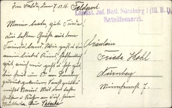 Ansichtkaart oorlogsvluchtelingen, I. WW, postzegel Landst.-Infanterie-Batl. Neurenberg 1