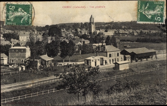 Postcard Orbec Calvados, General view, Bahnhof