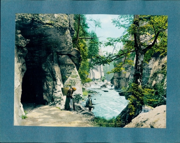 Photo Hřensko Herrnskretschen Elbe Aussig region, Edmundsklamm, weir, anglers