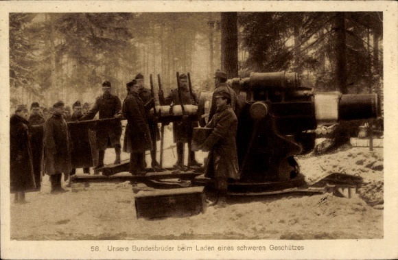 Postcard Our fraternity brothers loading a heavy gun
