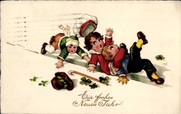 Postcard Happy New Year, 3 children sliding on an icy road, clovers