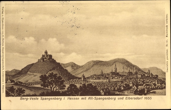 PC Spangenberg in Hessen, Bergveste, town view Anno 1655, Elbersdorf