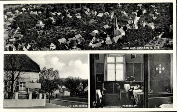 Postcard Alsbach Hähnlein on the Bergstraße Hesse, aerial view of Alsbach, Gasthaus zum Schlossberg,