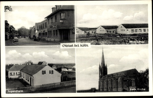 Ak Gleuel Hürth bij Keulen Rhein Erft, straatdeel, school, kerk, jeugdhuis