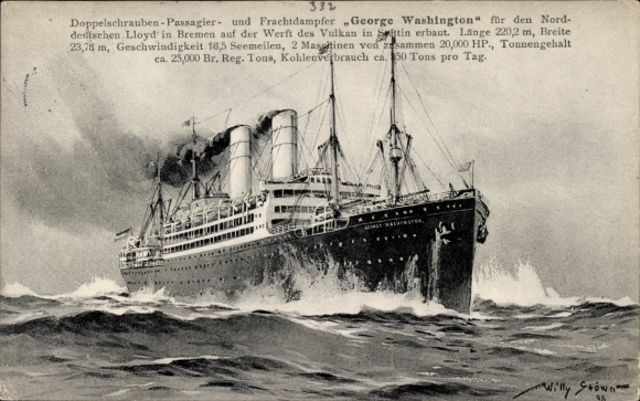Artist Postcard Stöwer, Willy, USL steamer SS George Washington, twin-screw steamer
