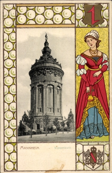 Embossed passepartout coat of arms Postcard Mannheim in Baden, water tower