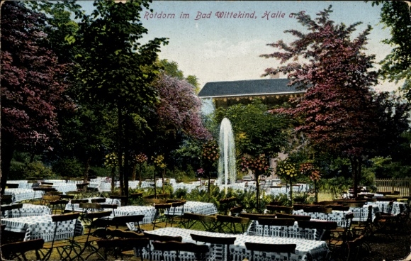Postcard Halle an der Saale, Wittekind salt bath, hawthorn, fountain