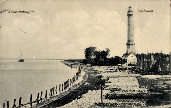 Postcard Świnoujście, view of the lighthouse, sea, sailing boat