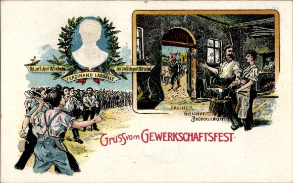 Chromo-Litho trade union festival, Ferdinand Lassalle, blacksmith, freedom, equality, fraternity