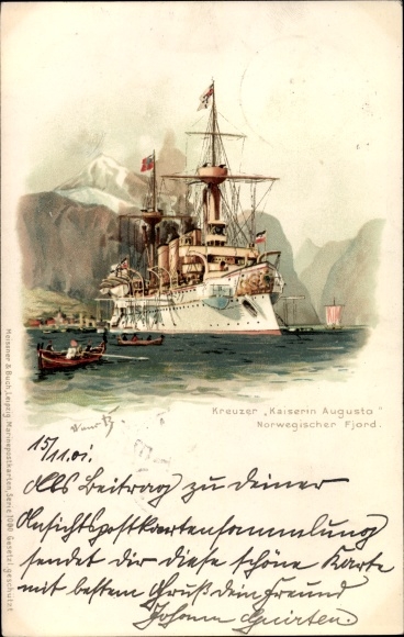 Kunstenaar Litho Bohrdt, Hans, Duits oorlogsschip, kruiser Kaiserin Augusta, Noorse fjord