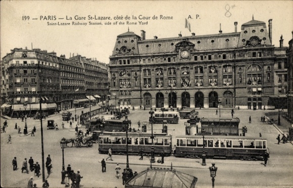 PC Paris IX, Comptoir d'Escompte, Rue Rougemont, La Gare St-Lazare, tram, cars, people,