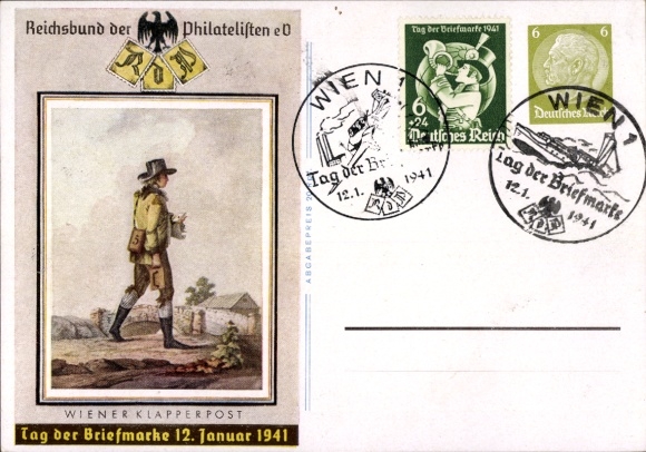 Ganzsachen Ak Wiener Klapperpost, Tag der Briefmarke, 12. Januar 1941, KDF