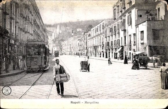 Ansichtkaart Napoli Campania, Mergellina, tram, straatzicht