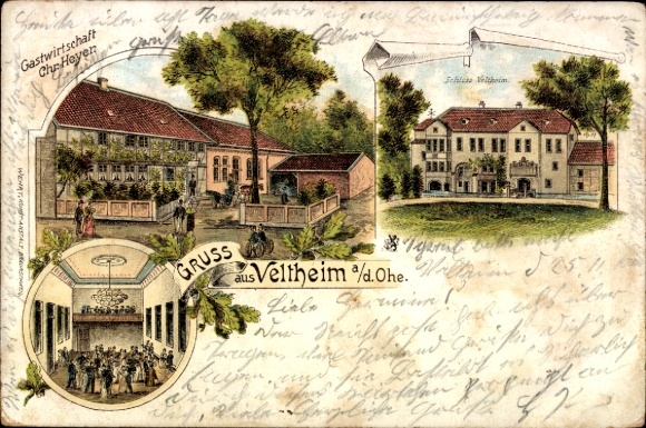 Chromo-Litho Veltheim Ohe, Inn, Owner C. Heyer, Interior view, Castle