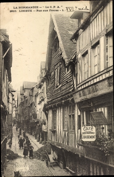 Ak Lisieux Calvados, Rue aux Fevres, Cafe Restaurant L. Baudemont