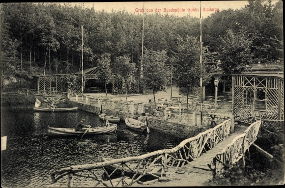 Ak Gohlis Niederau in Sachsen, Gasthaus Buschmühle, Ruderboote