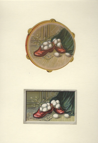 2 wafers / lacquer pictures, Easter eggs in red shoes, chocolate advertising, approx. 7 x 11 cm and 11 x 11 cm