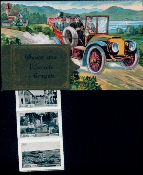 Leporello Postcard Lößnitz Lössnitz in the Ore Mountains, automobile, Hospitalstraße, square, general view