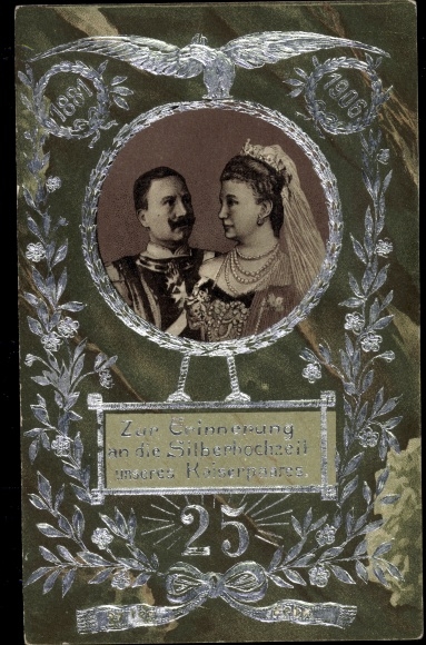 Präge Litho Kaiser Wilhelm II., Kaiserin Auguste Viktoria, Silberhochzeit 1906, Portrait