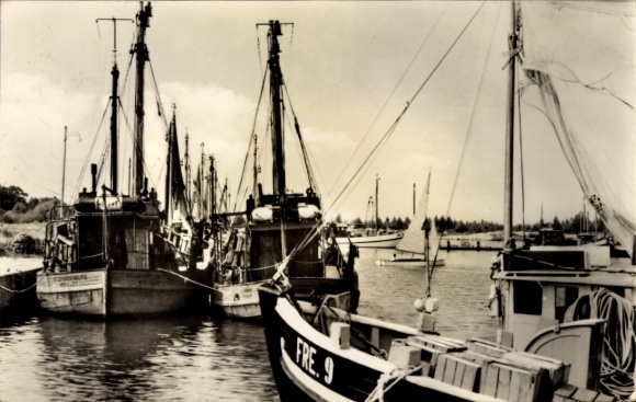 Postcard Seebad Freest Kröslin in Western Pomerania, fishing boats in the harbor, shady landscape, black and white