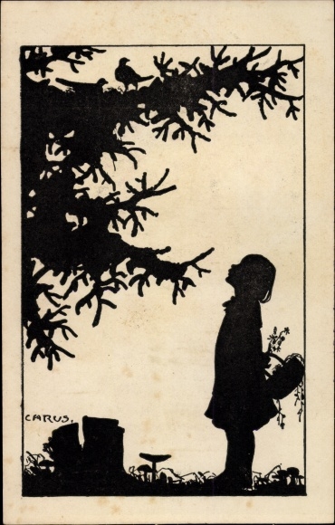 Paper cut artist Postcard Carus, girl under a tree, bird&#39;s nest