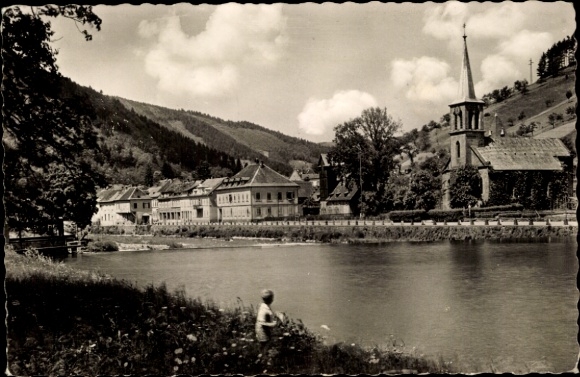 Postcard Wolfach in the Black Forest, Black Forest climatic health resort, Protestant church, river landscape, landscape