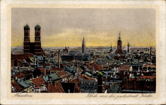 Postcard Munich, general view, Protestant Church