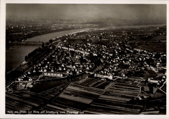 Postcard Kehl am Rhein, aerial view of Strasbourg, original color, cloudy sky
