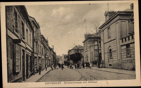Postcard Eschweiler Eifel, Dürenerstrasse with town hall, children