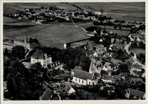 Postcard Reimlingen in Swabia, aerial view of Reimlingen, Mission Seminary St. Joseph, rural surroundings
