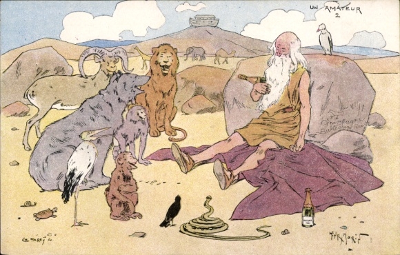 Artist Postcard Morin, H., Noah's Ark, Old Man, Animals, Bottles