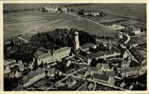 Postcard Ottmaring Friedberg in Swabia, aerial view of Ursberg, monastery, agricultural area