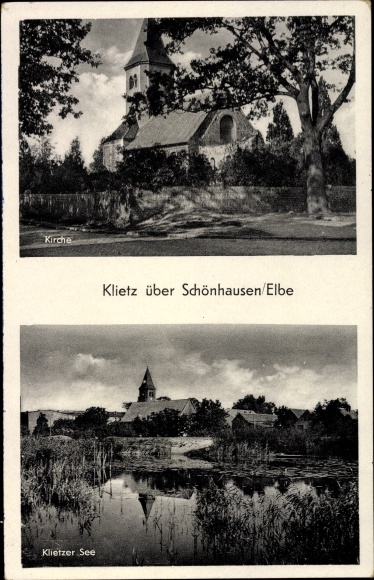 Postcard Klietz in Saxony Anhalt, church, lake