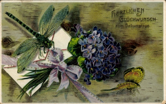 Postcard Congratulations Birthday, Dragonflies, Bow, Bouquet