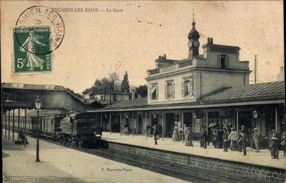 Postcard Enghien les Bains Val d'Oise, train station, platform, incoming train