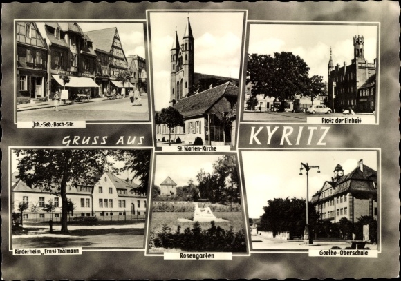 Postcard Kyritz in der Prignitz, rose garden, Goethe high school, unity square, St. Mary&#39;s church