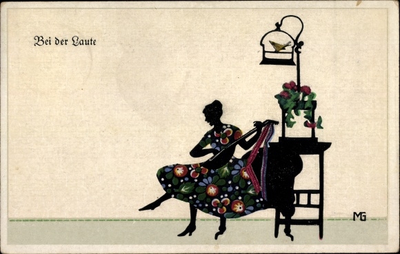 Paper cut Postcard Graf, Marte, Silhouette, at the lute