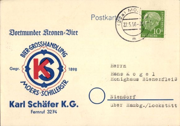 Postcard Dortmunder Kronen Beer, Beer Wholesaler Karl Schäfer KG Moers, Schillerstraße