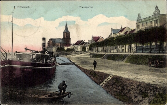 Postcard Emmerich am Niederrhein, view of the Rhine riverbank, jetty, ship, church, houses, sky