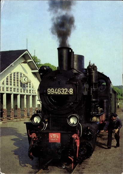 Postcard Steam locomotive at the station, Rasender Roland, narrow-gauge railway 994632-8, engine driver, Binz Ost station