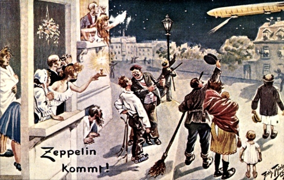 Künstler Ak Thiele, Arthur, Zeppelin kommt, Straßenszene bei Nacht