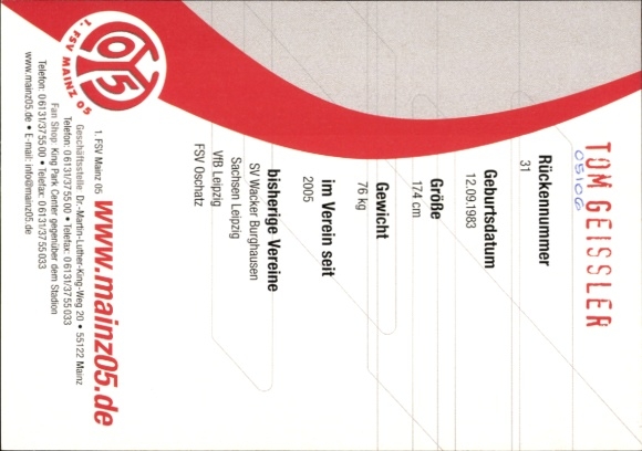 Autograph card footballer Tom Geissler, 1. FSV Mainz 05