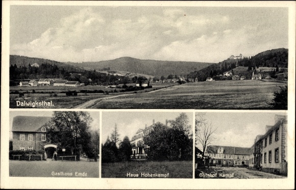Postcard Dalwigksthal Lichtenfels Hesse, panorama of the town, Gasthaus Emde, Haus Hohenkampf, Gutshof Kampf