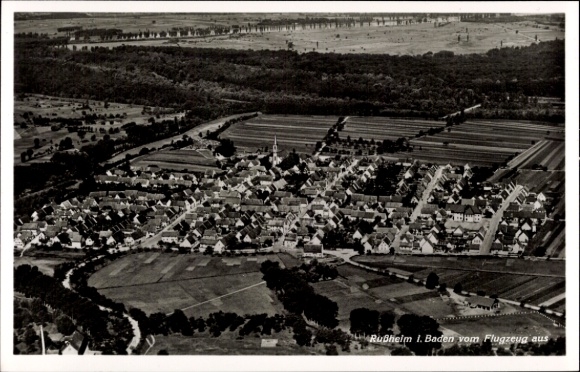 Postcard Rußheim Dettenheim in Baden, aerial photograph
