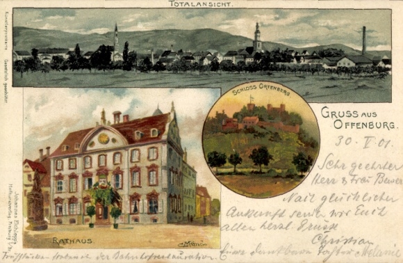 Postcard Offenburg in Baden Black Forest, total view of Offenfurt, town hall, Ortenberg Castle