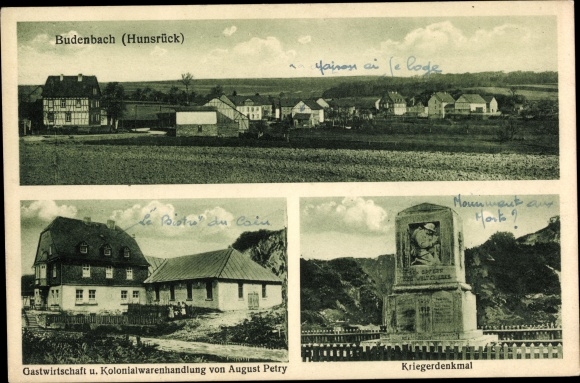 PC Budenbach im Hunsrück, war memorial, total view, inn and grocery store